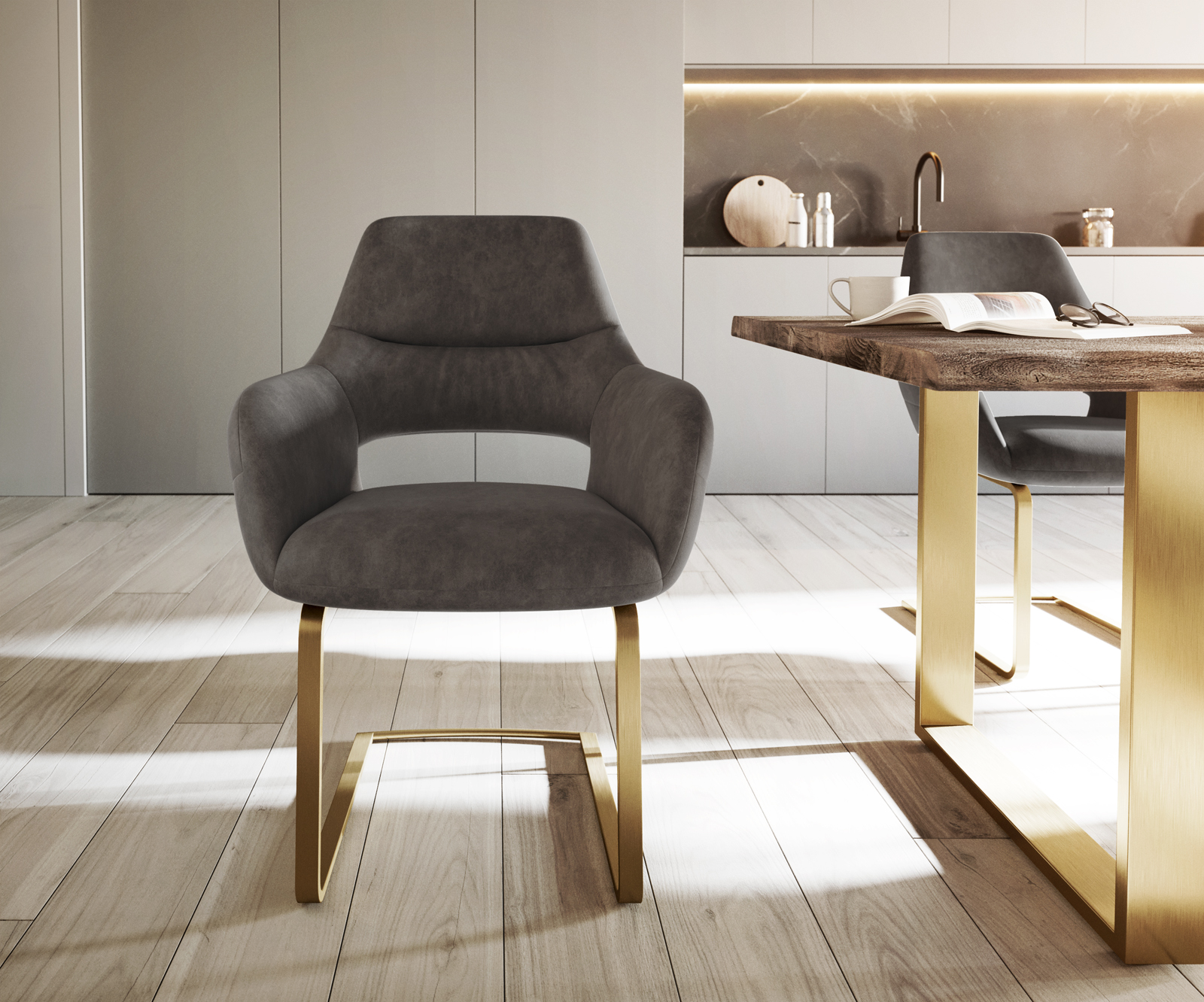 Jídelní židle Yago-Flex s područkami konzolová podnož plochá zlatá mikrovlákno antracitová - Image 2