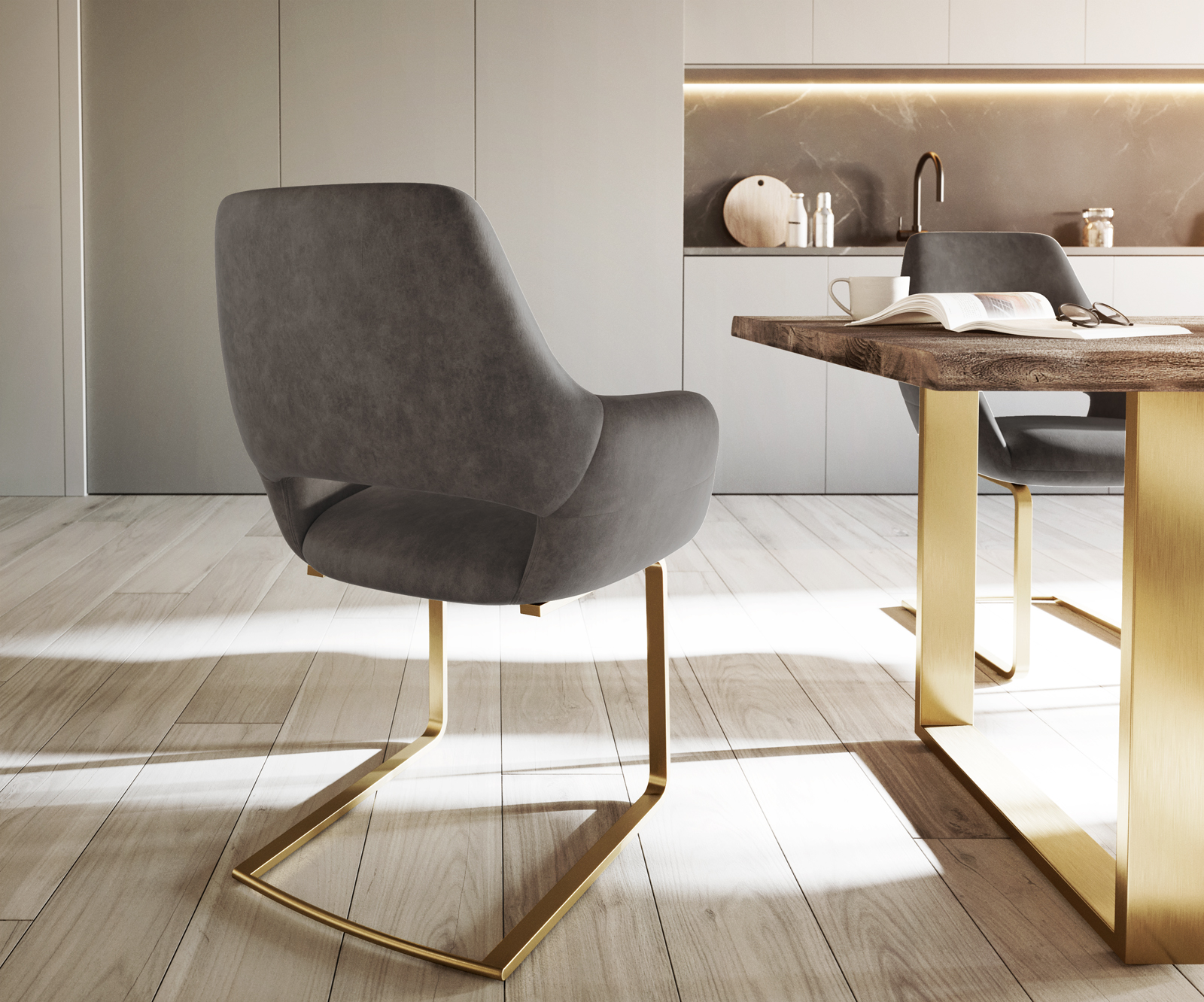 Jídelní židle Yago-Flex s područkami konzolová podnož plochá zlatá mikrovlákno antracitová - Image 3