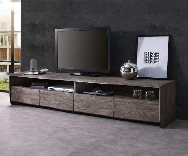 TV stolek Live Edge 190 cm platinová akácie 4 šuplíky