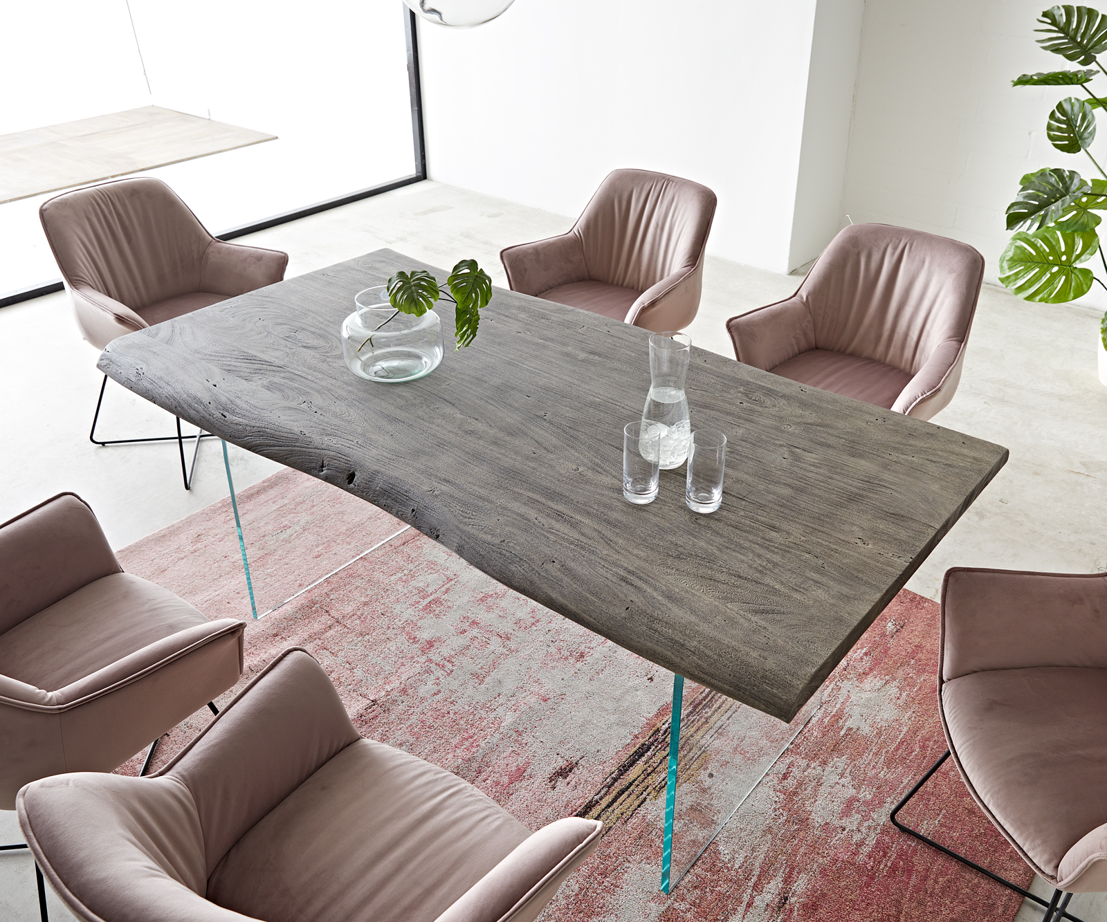 Jídelní stůl Edge 200x100 cm akácieové platinové skleněná podnož nepravidelná hrana - Image 2