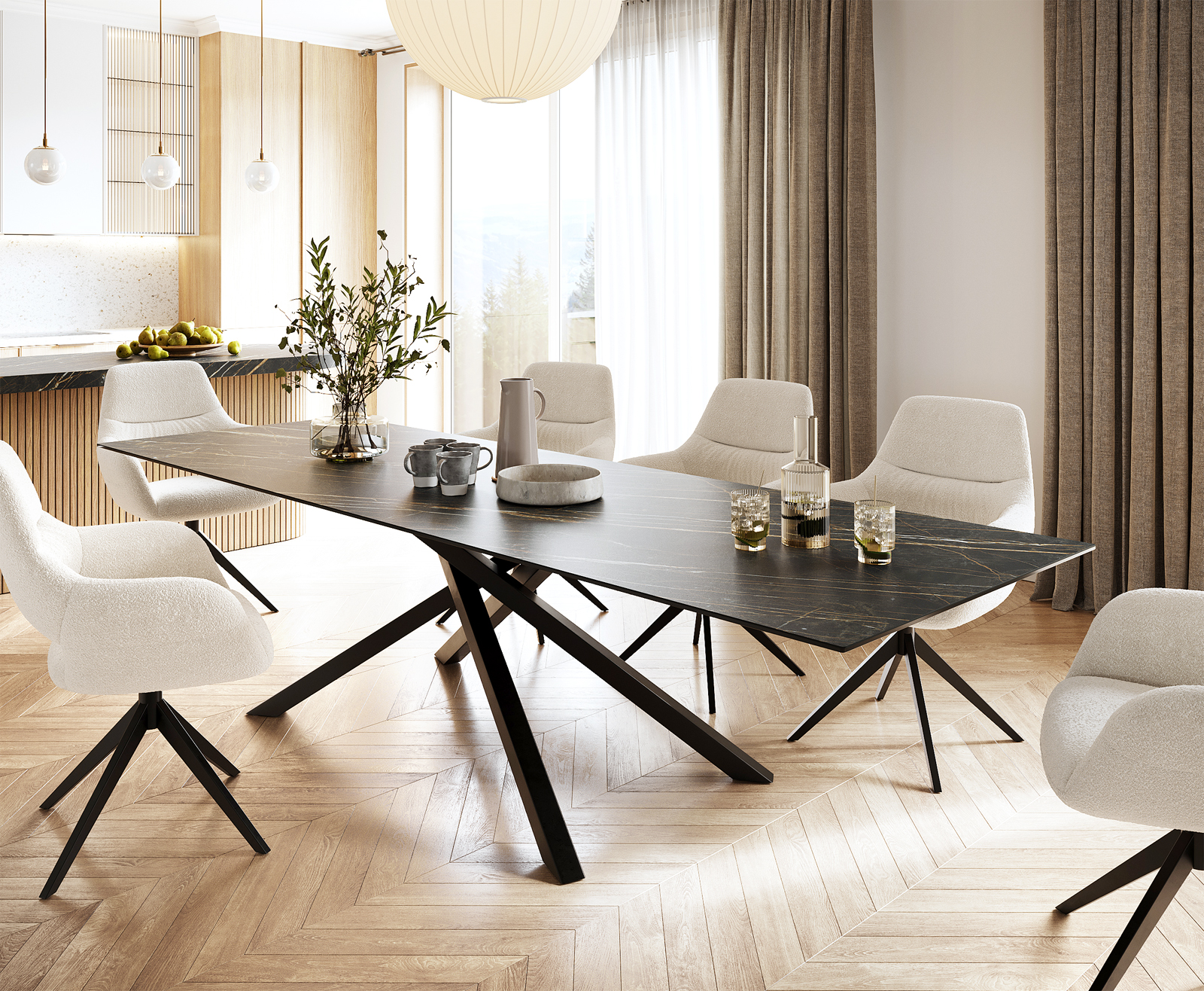 Étkezőasztal Edge 300x100 cm Laminam®Noir Desir barna kerámia középső láb kereszt fekete