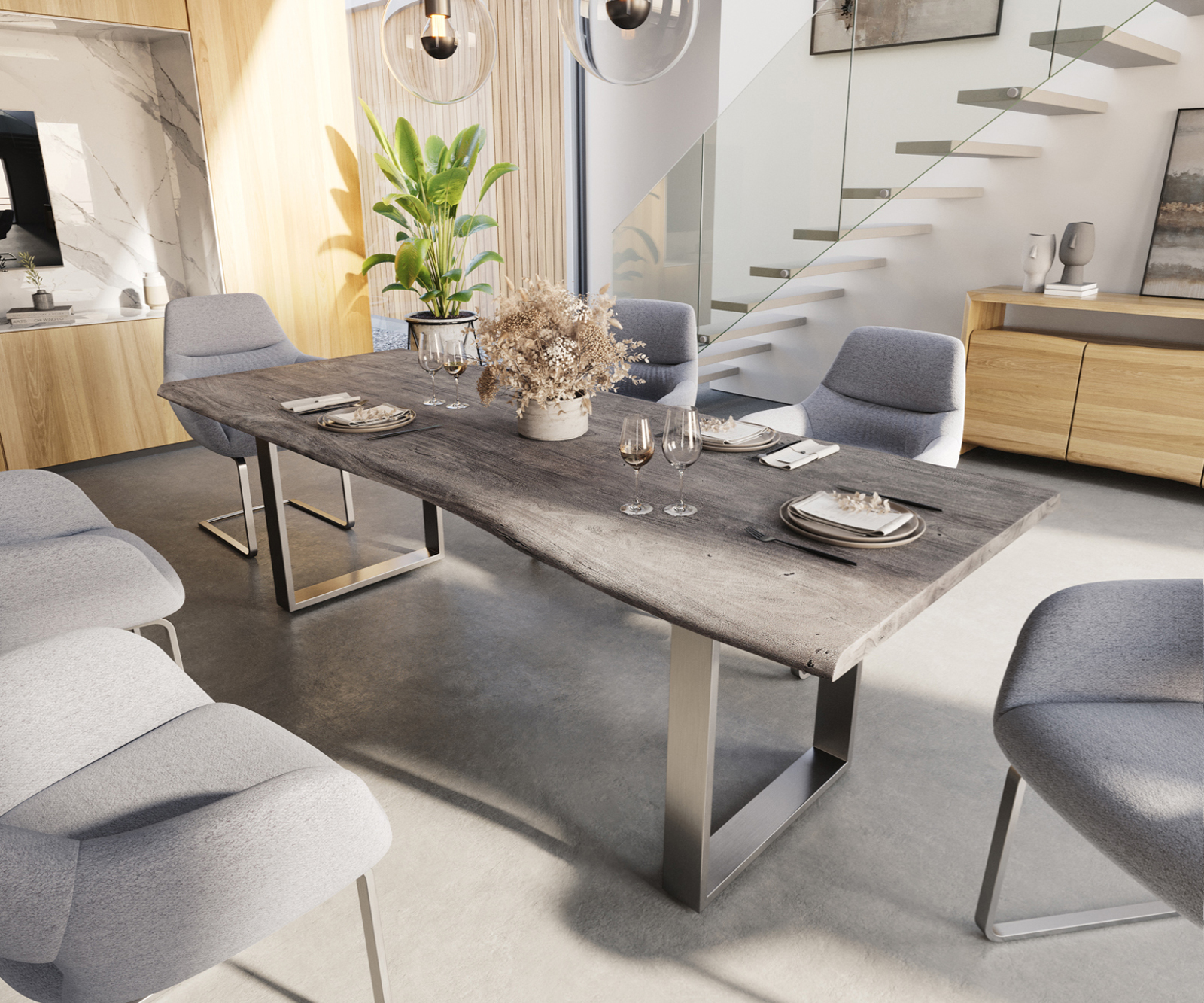 Jídelní stůl Edge 240x100cm platinová akácie nerezová ocel úzká