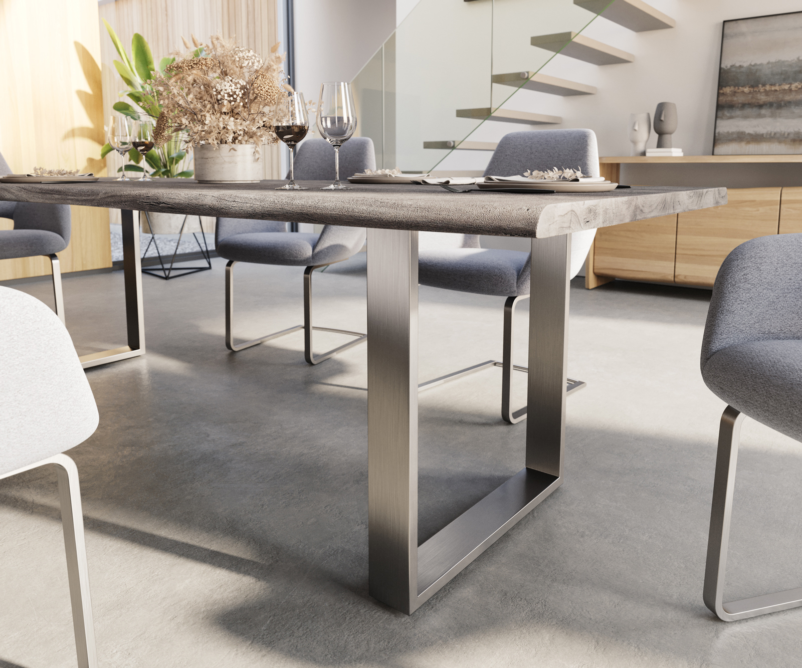 Jídelní stůl Edge 240x100cm platinová akácie nerezová ocel úzká - Image 5