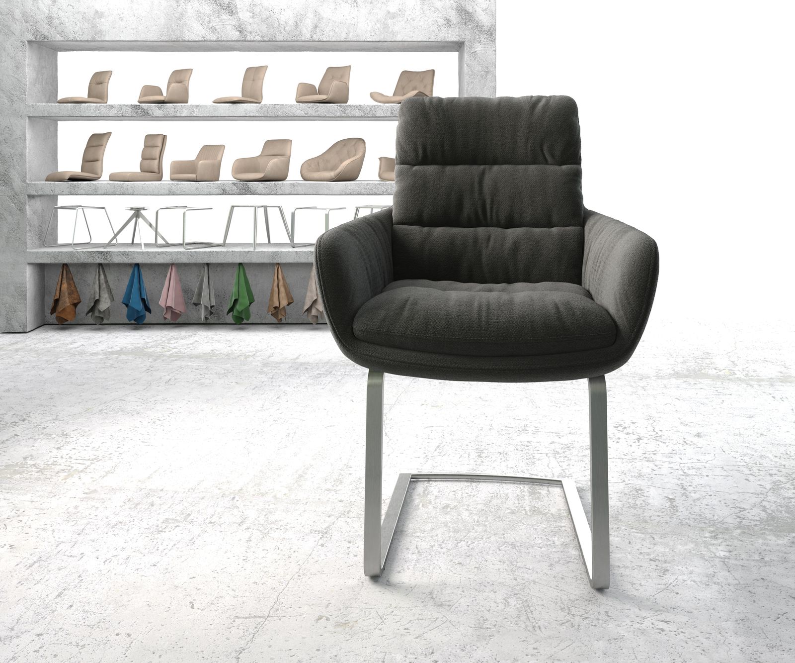 Jídelní židle Abelia-Flex s područkou konzolová podnož plochá nerezová ocel texturovaná tkanina antracitová - Image 2