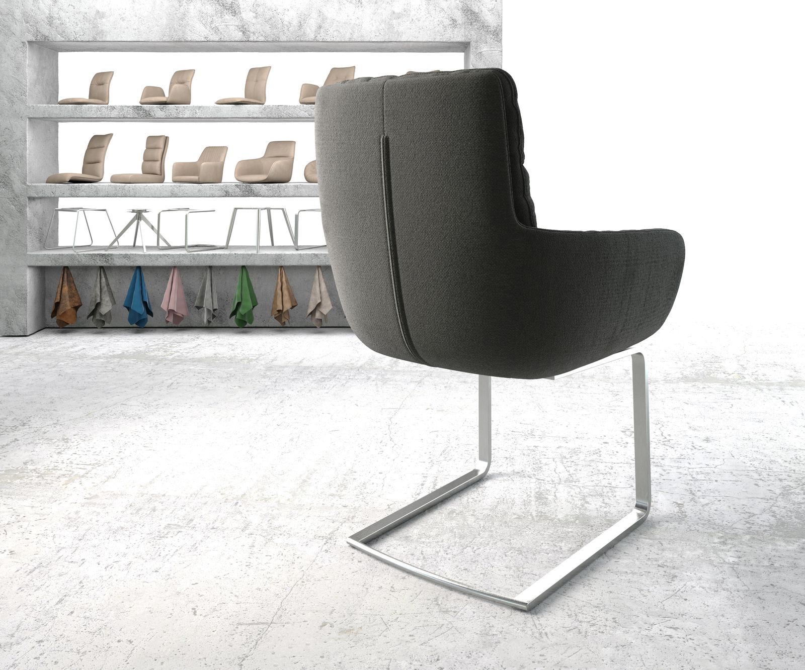 Jídelní židle Abelia-Flex s područkou konzolová podnož plochá nerezová ocel texturovaná tkanina antracitová - Image 3