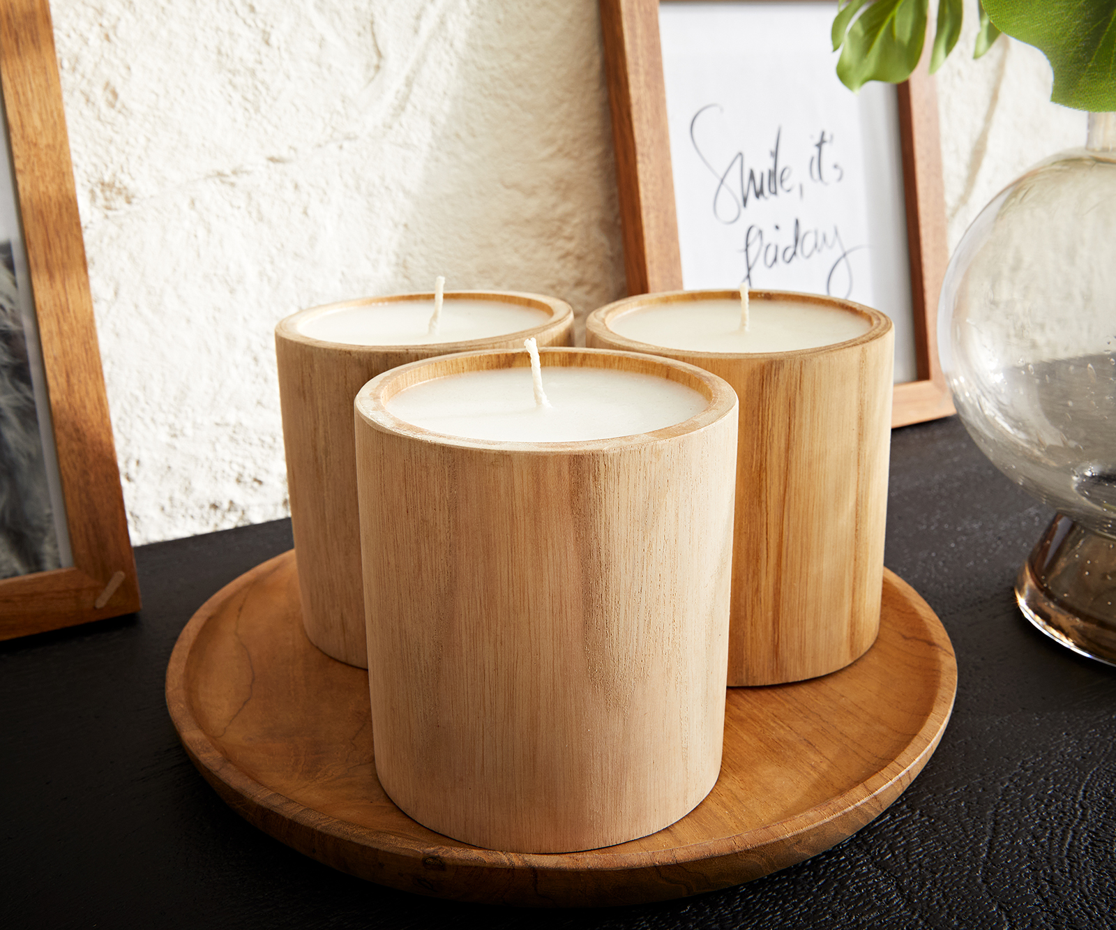 Svíčka v dřevěné misce Elfine 8x8 cm přírodní teak (sada 3 kusů)