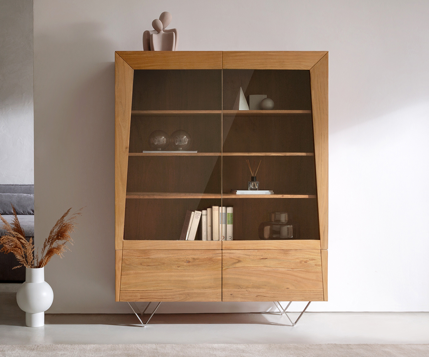 Szekrény Kayu 115x150 cm akác természetes 2 üvegajtós V alakú láb - Image 2