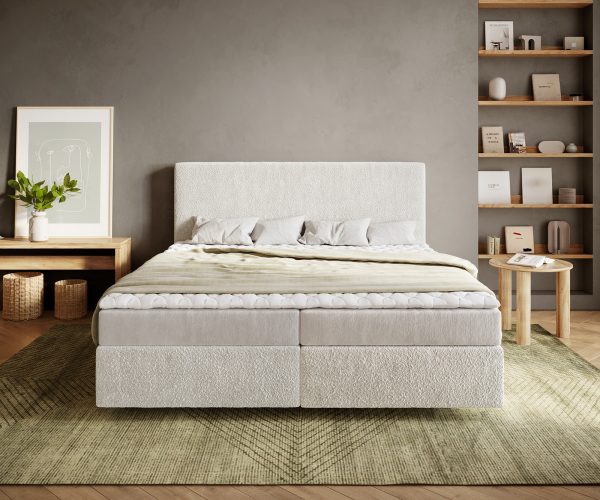 Boxspring ágy Dream-Well 180x200 cm bouclé krémfehér matraccal és topperrel - Image 2