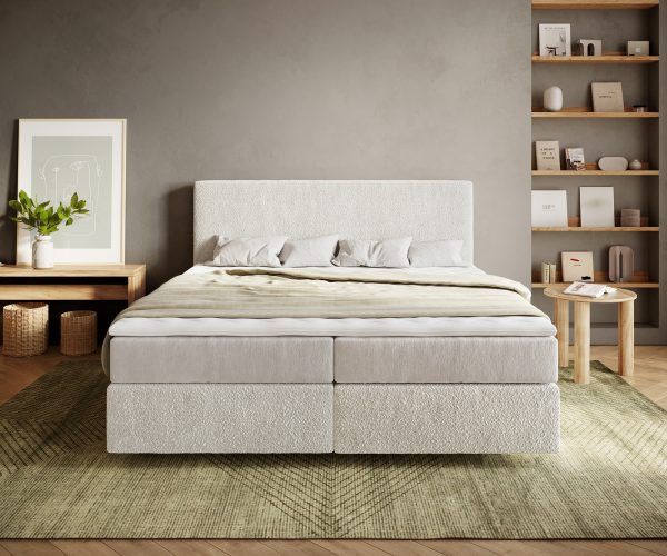 Boxspring ágy Dream-Well 180x200 cm bouclé krémfehér zsákrugós matraccal és visco topperrel - Image 2