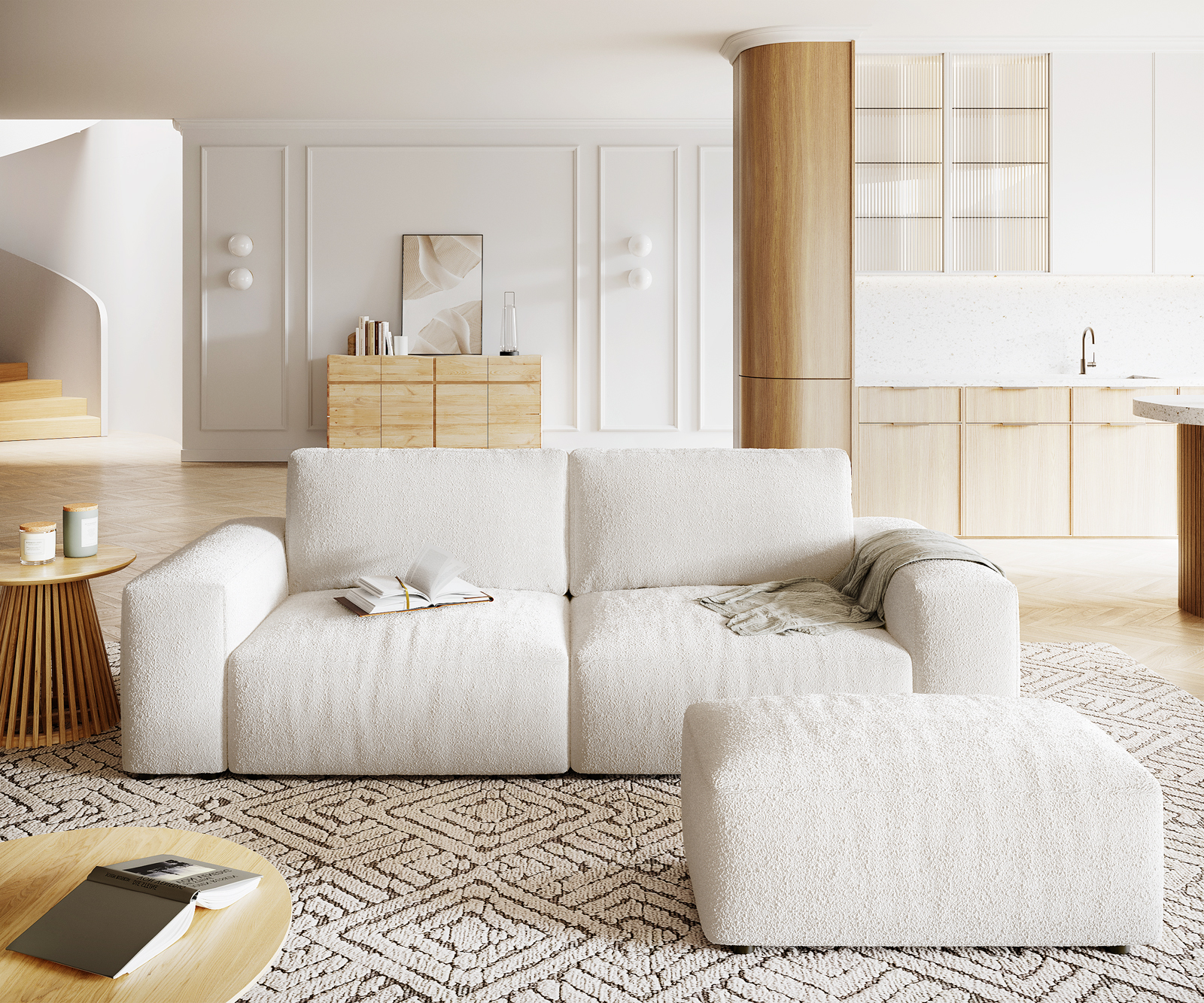 Nagy kanapé Lanzo XL 270x130 cm bouclé krémfehér puffal - Image 2