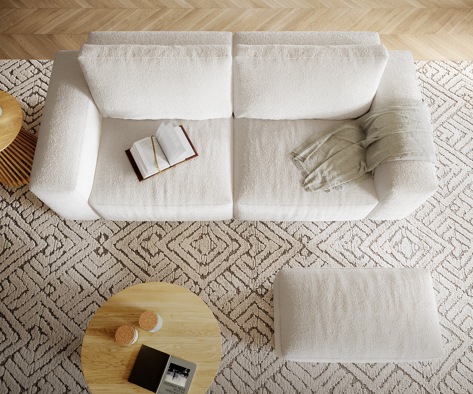 Nagy kanapé Lanzo XL 270x130 cm bouclé krémfehér puffal - Image 5