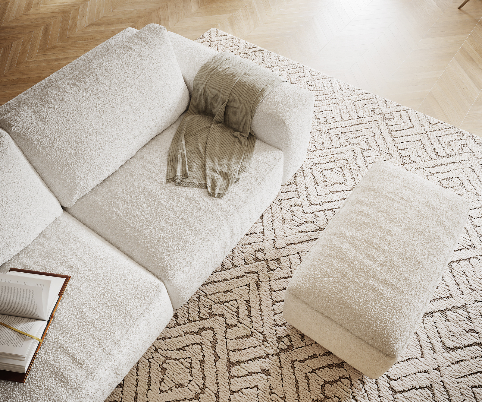 Nagy kanapé Lanzo XL 270x130 cm bouclé krémfehér puffal - Image 4