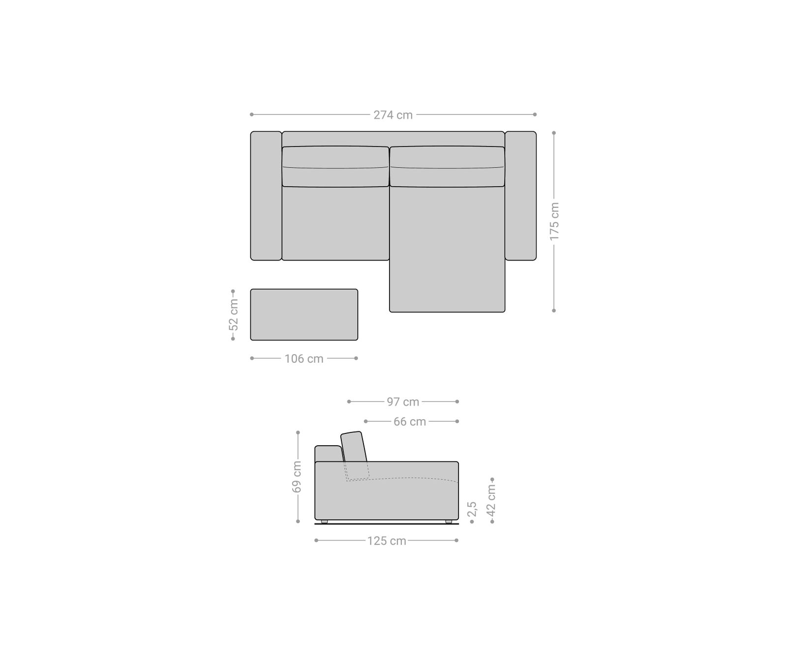 Sarokkanapé Lanzo XL 270x180 cm kordbársony ezüstszürke variálható rekamié puffal - Image 7
