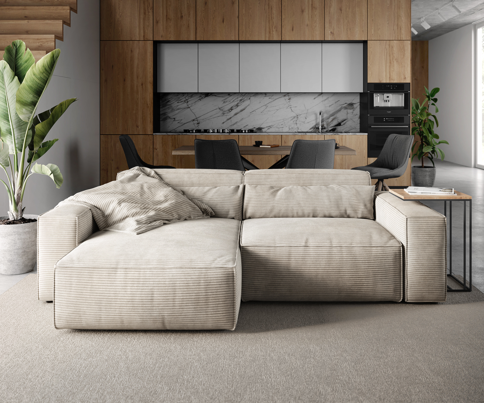 Sarokkanapé Sirpio 230x150 cm kordbársony bézs rekamié változtatható - Image 2