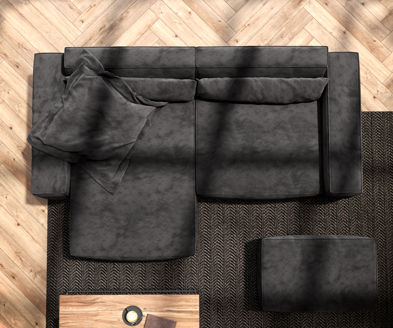 Sarokkanapé Sirpio 230x150 cm mikroszálas fekete rekamié változtatható puffal - Image 6