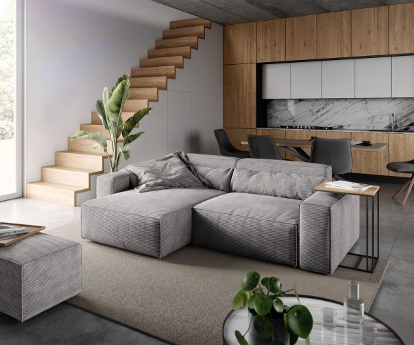 Rohová pohovka Sirpio D 250x155 cm manšestr stříbrnošedá variabilní lenoška s taburetem