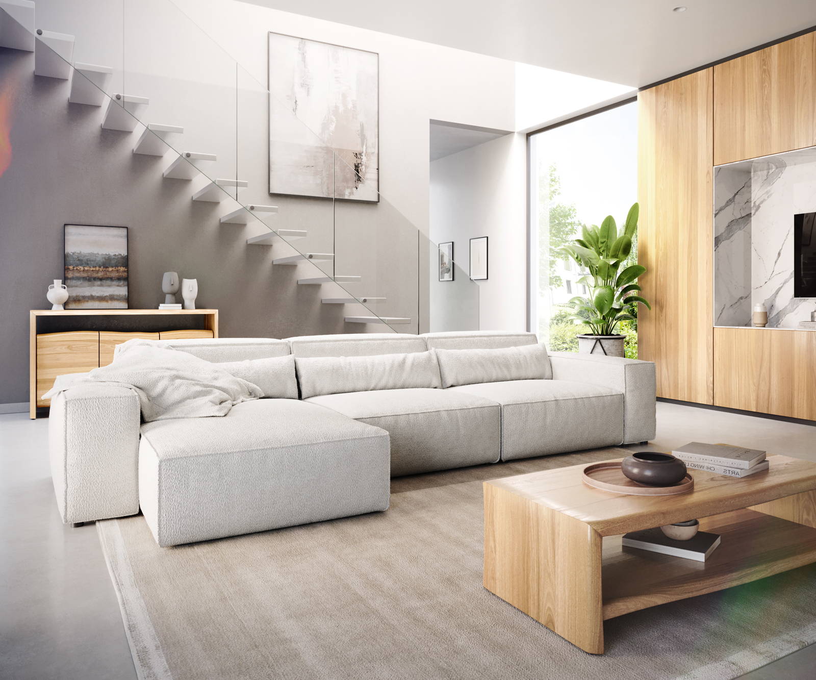 Sarokkanapé Sirpio L 350x160 cm bouclé krémfehér rekamié változtatható