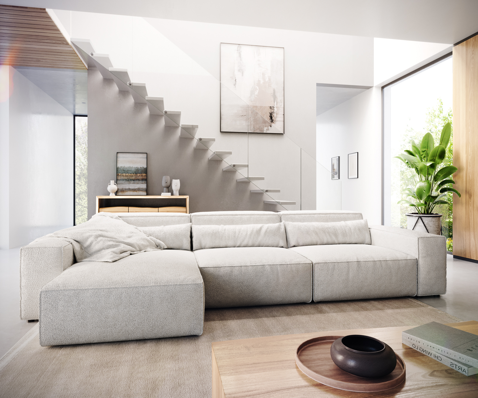 Sarokkanapé Sirpio L 350x160 cm bouclé krémfehér rekamié változtatható - Image 2