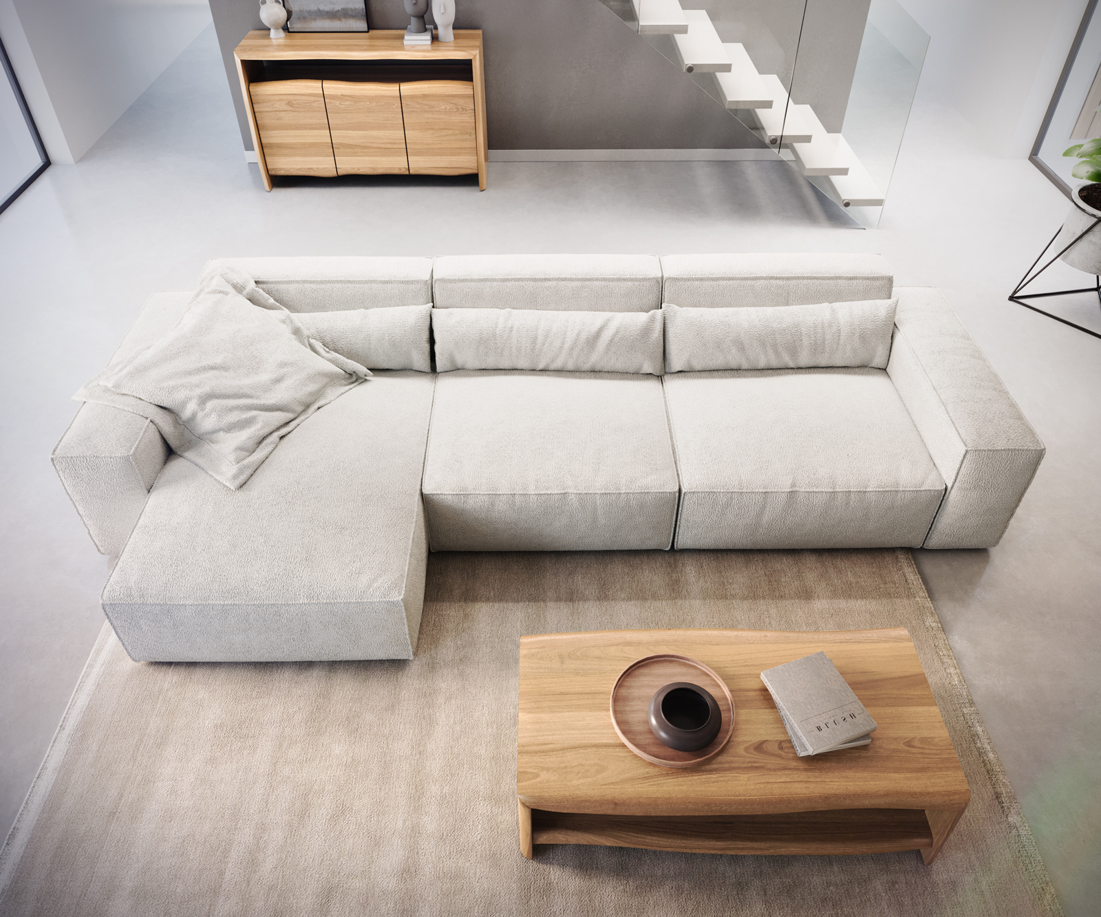 Sarokkanapé Sirpio L 350x160 cm bouclé krémfehér rekamié változtatható - Image 6