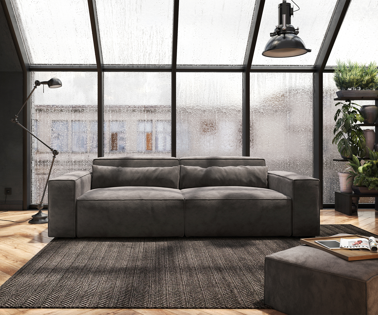 Nagy kanapé Sirpio 230x90 cm mikroszálas khaki barna puffal - Image 2