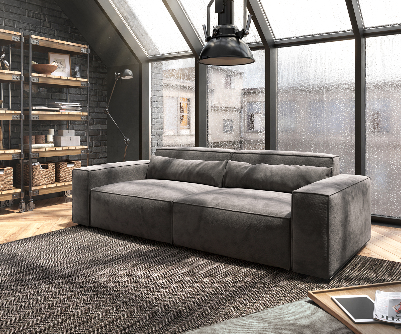 Nagy kanapé Sirpio 230x90 cm mikroszálas khaki barna puffal