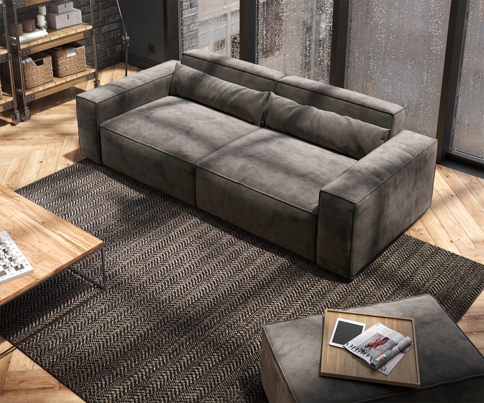 Nagy kanapé Sirpio 230x90 cm mikroszálas khaki barna puffal - Image 4