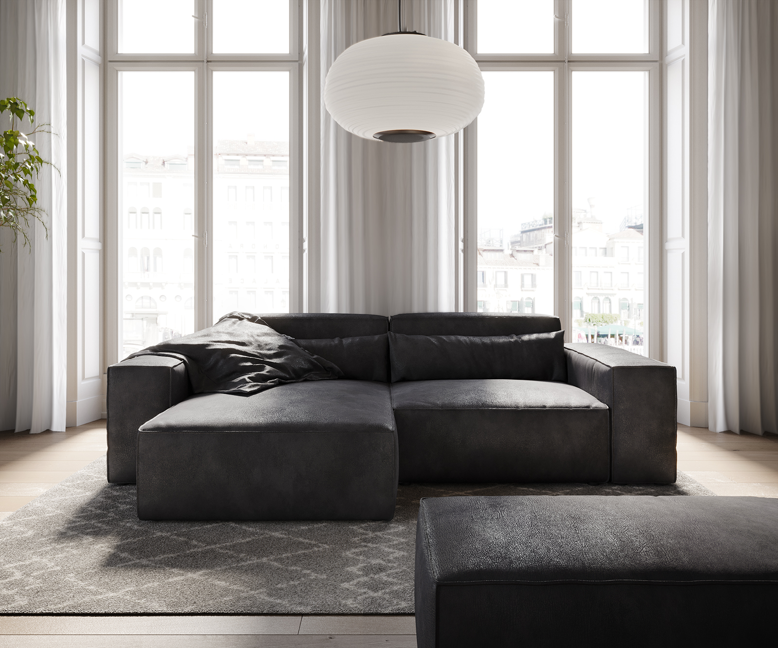 Sarokkanapé Sirpio 230x150 cm bőr imitáció vintage antracit változtatható rekamié puffal - Image 2