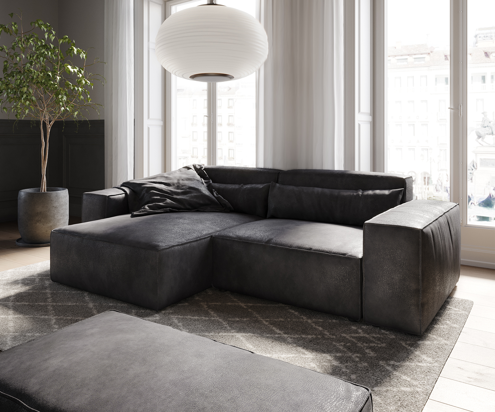 Sarokkanapé Sirpio 230x150 cm bőr imitáció vintage antracit változtatható rekamié puffal