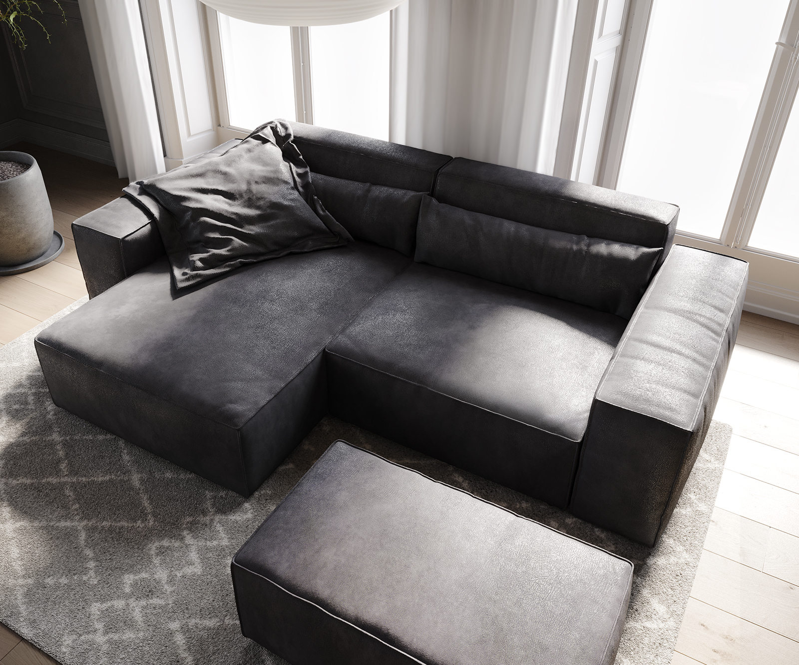 Sarokkanapé Sirpio 230x150 cm bőr imitáció vintage antracit változtatható rekamié puffal - Image 4