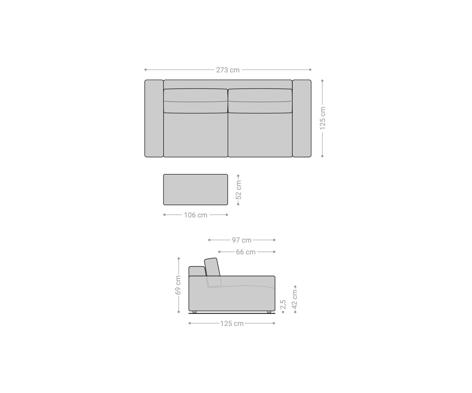 Nagy kanapé Lanzo XL 270x130 cm bőr imitáció vintage antracit puffal - Image 6