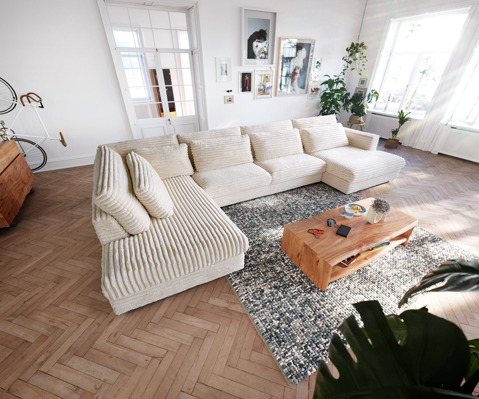 Pohovka ve tvaru "U" Isla 430x225 plyšové manšestr béžová lenoška levá - Image 2