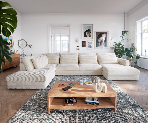 Pohovka ve tvaru "U" Isla 430x225 plyšové manšestr béžová lenoška levá