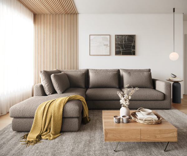 Sarokkanapé Isla 330x225 cm bouclé sötét bézs bal oldali rekamié