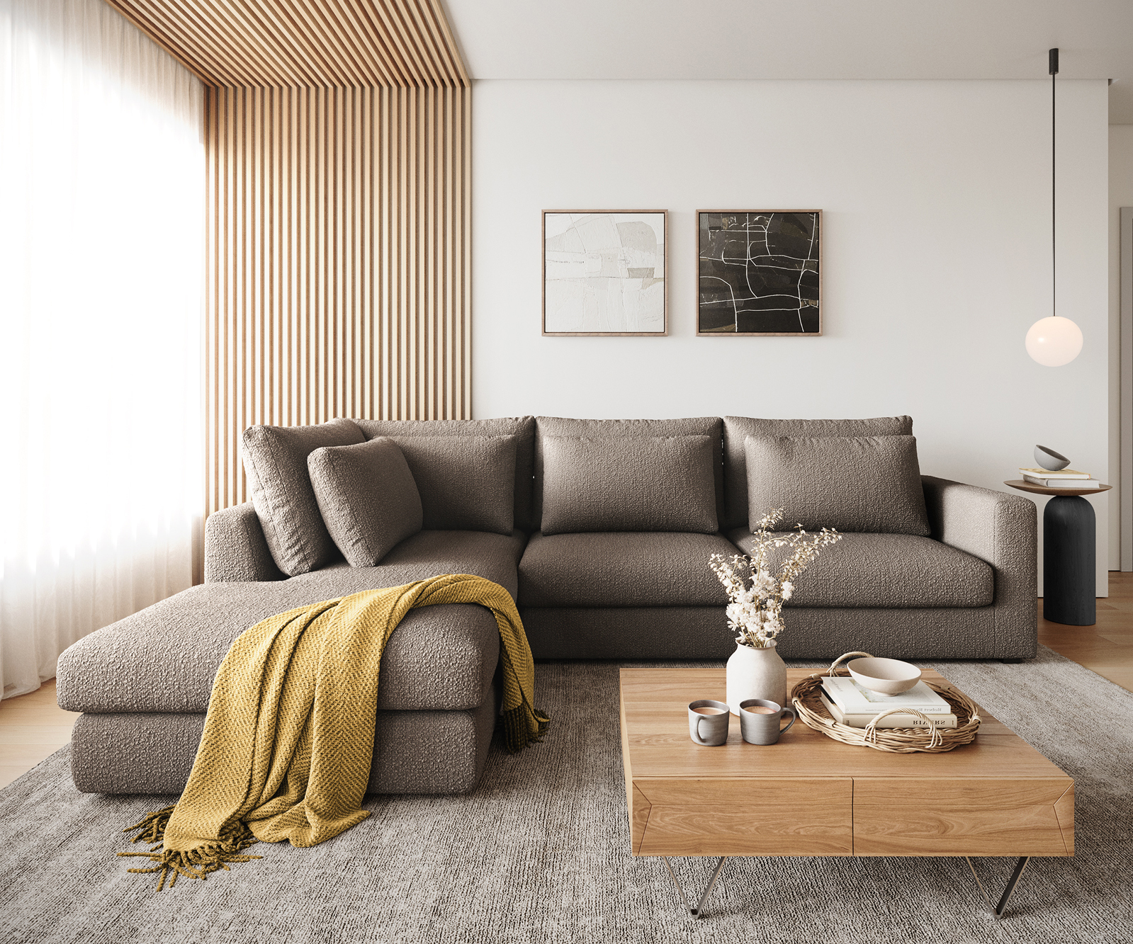 Sarokkanapé Isla 330x225 cm bouclé sötét bézs bal oldali rekamié