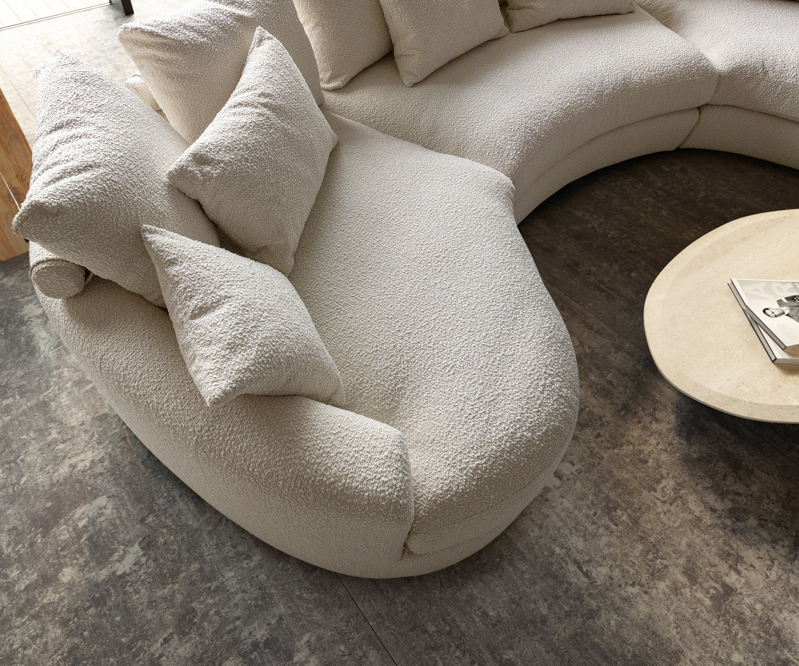 Nagy kanapé Estrea 410x155 cm bouclé krémfehér kerek kanapé - Image 4