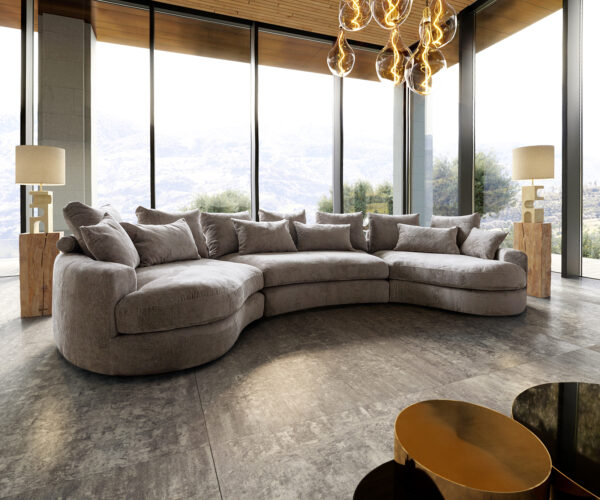 Nagy kanapé Estrea 410x155 cm szövött szövet taupe kerek kanapé