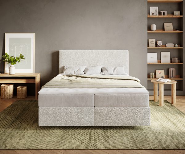 Boxspring ágy Dream-Well 160x200 cm bouclé krémfehér zsákrugós matraccal és visco topperrel - Image 2