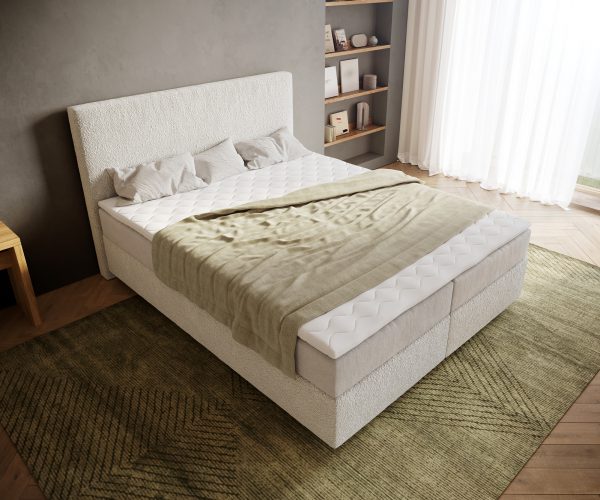 Boxspring ágy Dream-Well 160x200 cm bouclé krémfehér zsákrugós matraccal és visco topperrel - Image 4