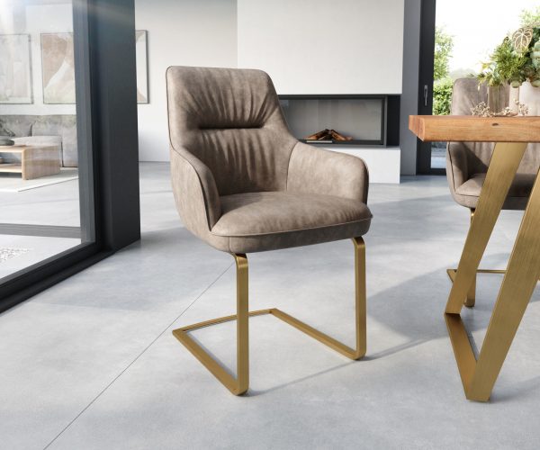 Jídelní židle Zelia-Flex s područkou konzolová podnož plochá zlatá mikrovlákno taupe