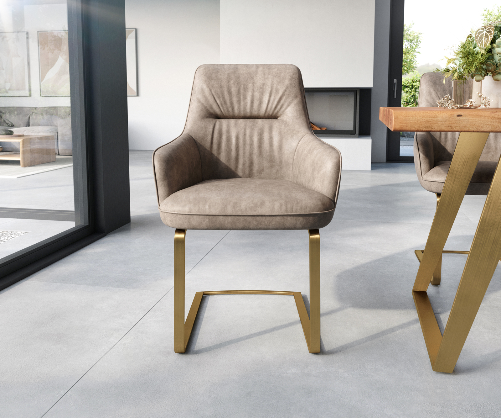 Jídelní židle Zelia-Flex s područkou konzolová podnož plochá zlatá mikrovlákno taupe - Image 2