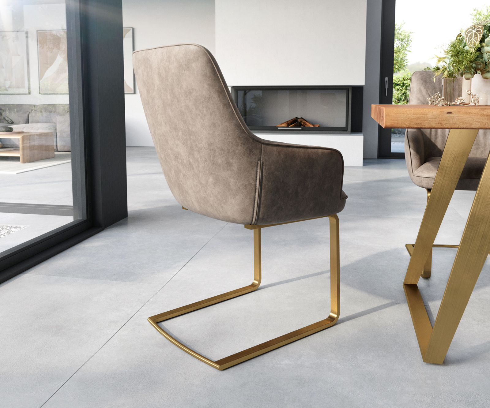 Jídelní židle Zelia-Flex s područkou konzolová podnož plochá zlatá mikrovlákno taupe - Image 3