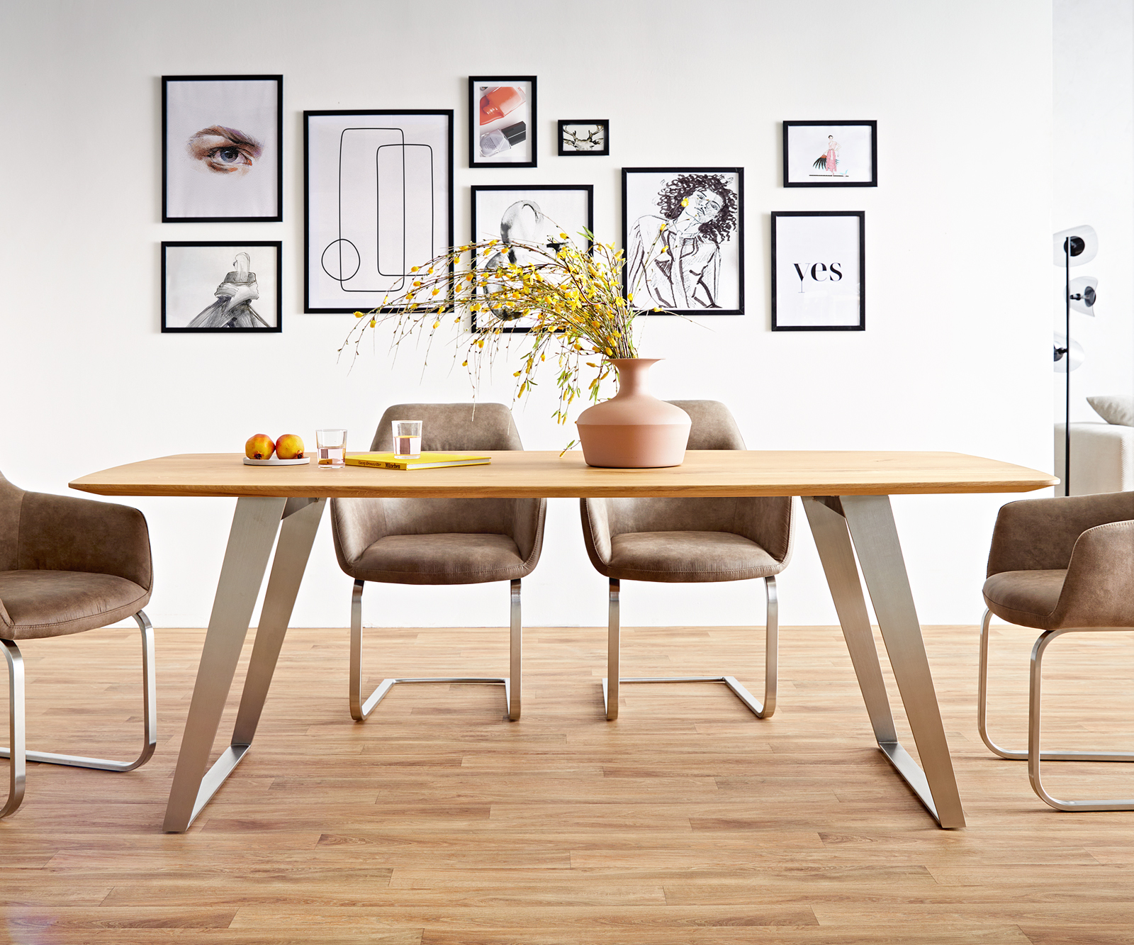 Étkezőasztal Edge hajóformájú 200x100x2,5-3 tölgy természetes rozsdamentes acél ferde svájci él - Image 5