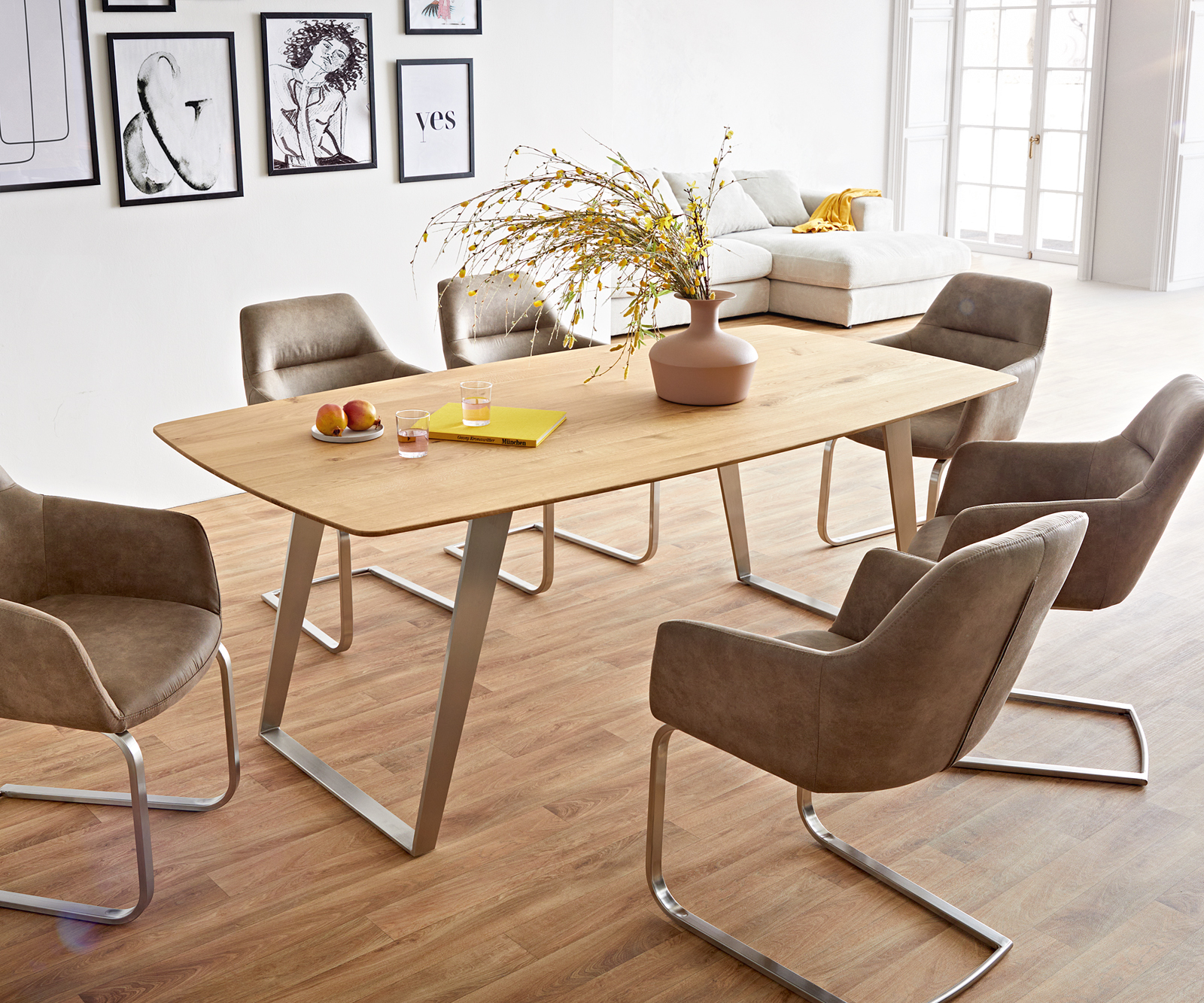 Étkezőasztal Edge hajóformájú 200x100x2,5-3 tölgy természetes rozsdamentes acél ferde svájci él - Image 7