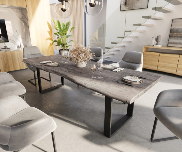 Étkezőasztal Edge 260x100 XL akác platina fém keskeny fekete Live-Edge