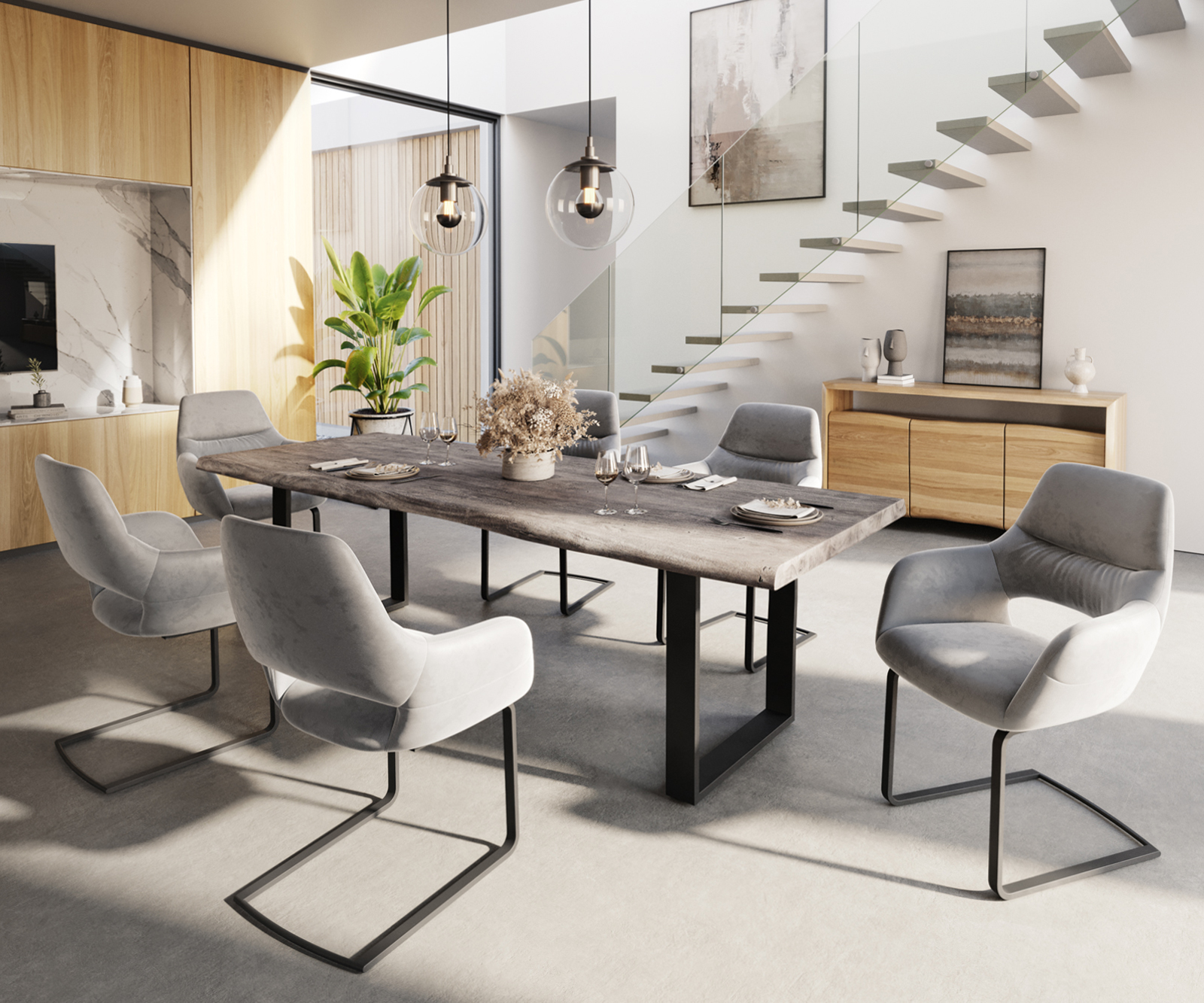 Étkezőasztal Edge 260x100 XL akác platina fém keskeny fekete Live-Edge - Image 6