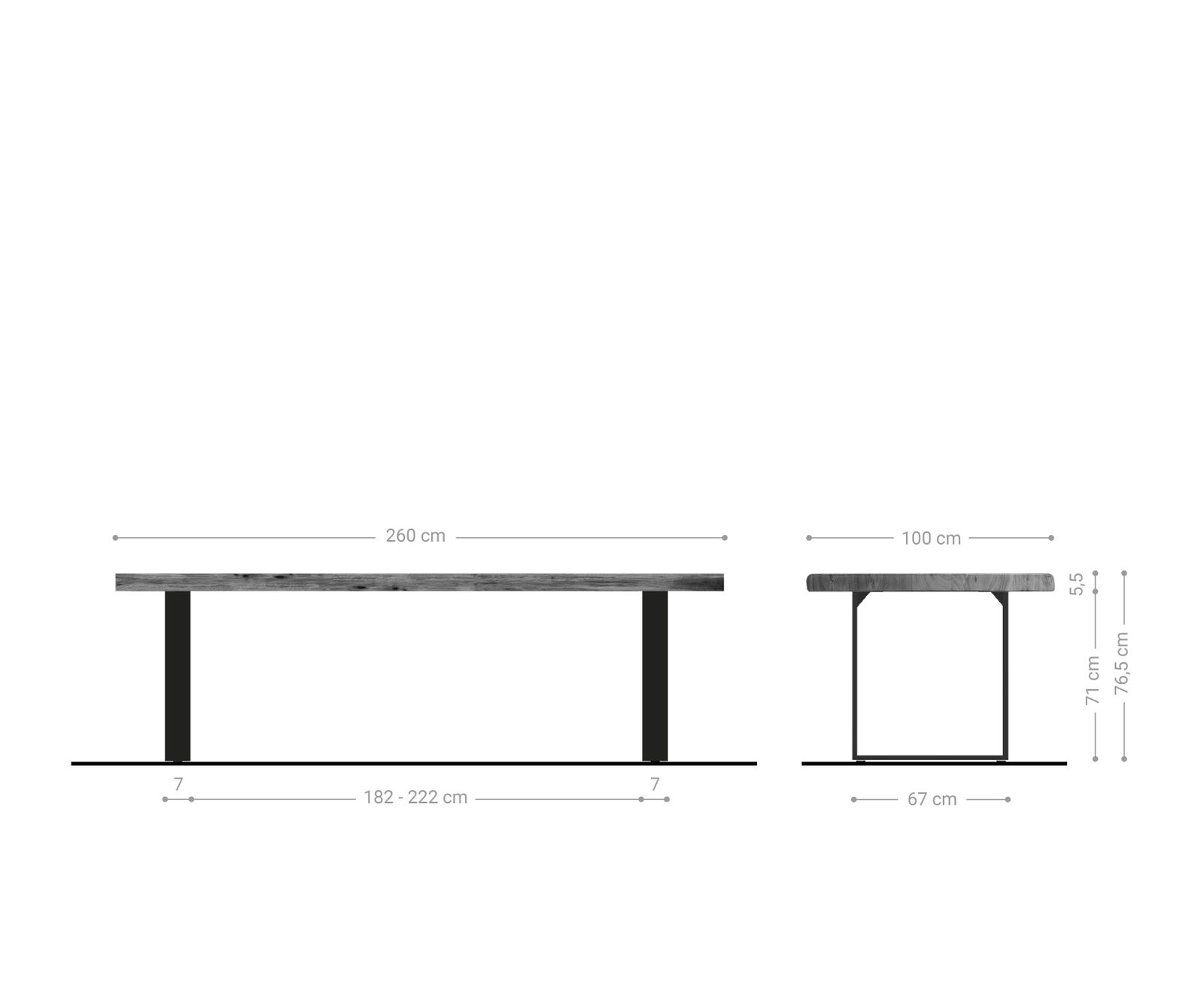 Étkezőasztal Edge 260x100 XL akác platina fém keskeny fekete Live-Edge - Image 7