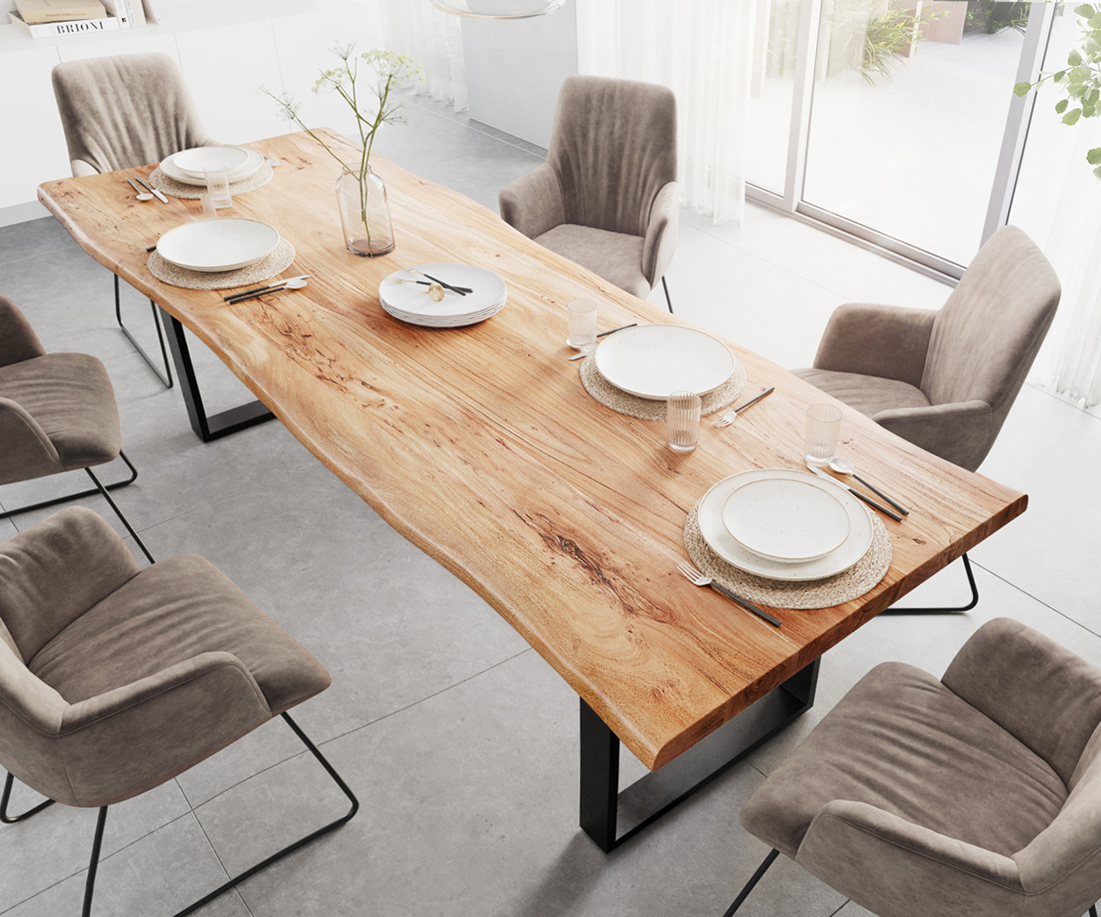 Étkezőasztal Edge 280x100 XL akác természetes fekete vékony lábazat Live-Edge - Image 4