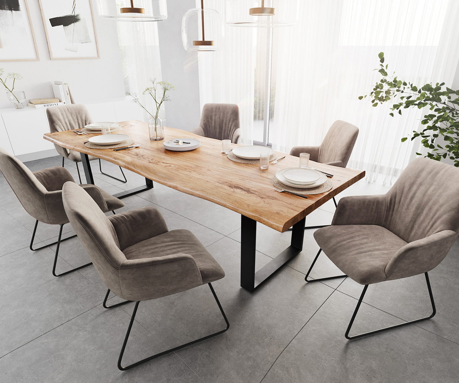 Étkezőasztal Edge 280x100 XL akác természetes fekete vékony lábazat Live-Edge - Image 6