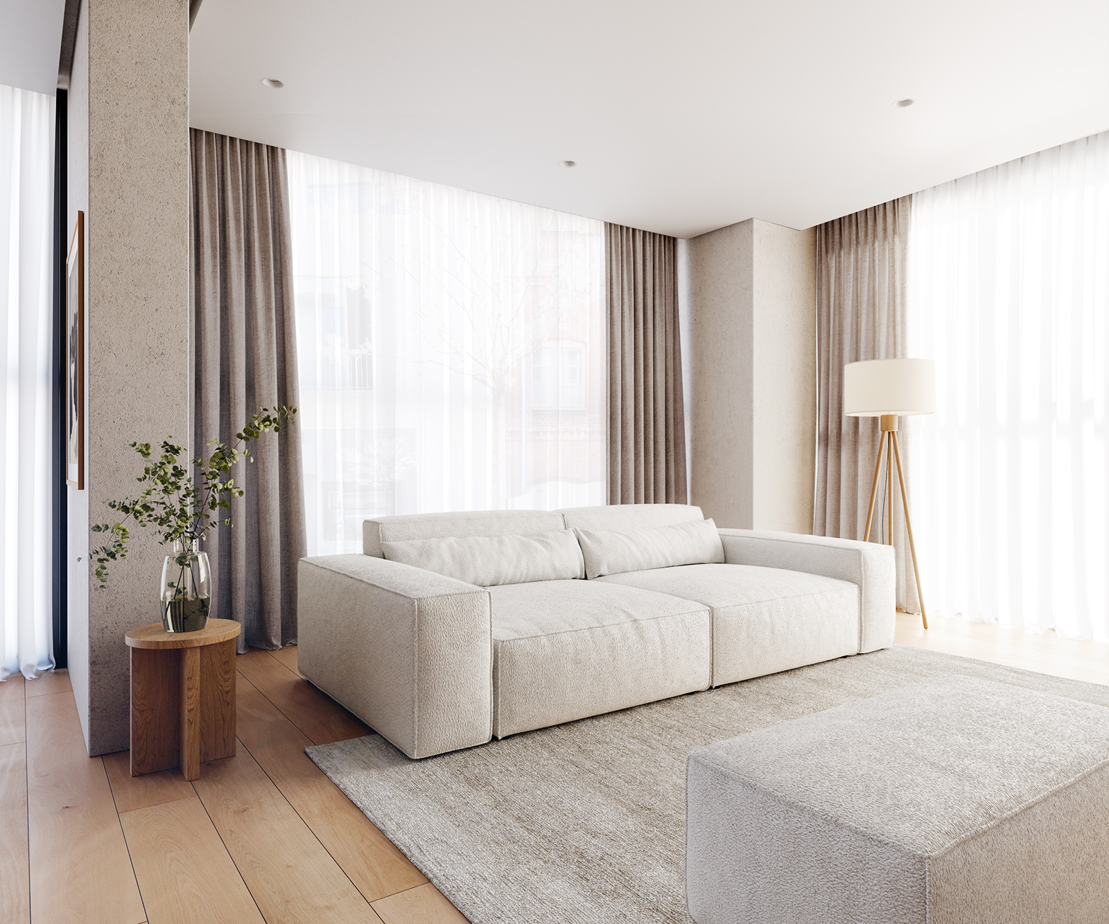 Velká pohovka Sirpio XL 270x125 cm bouclé smetanovo-bílá s taburetem - Image 2