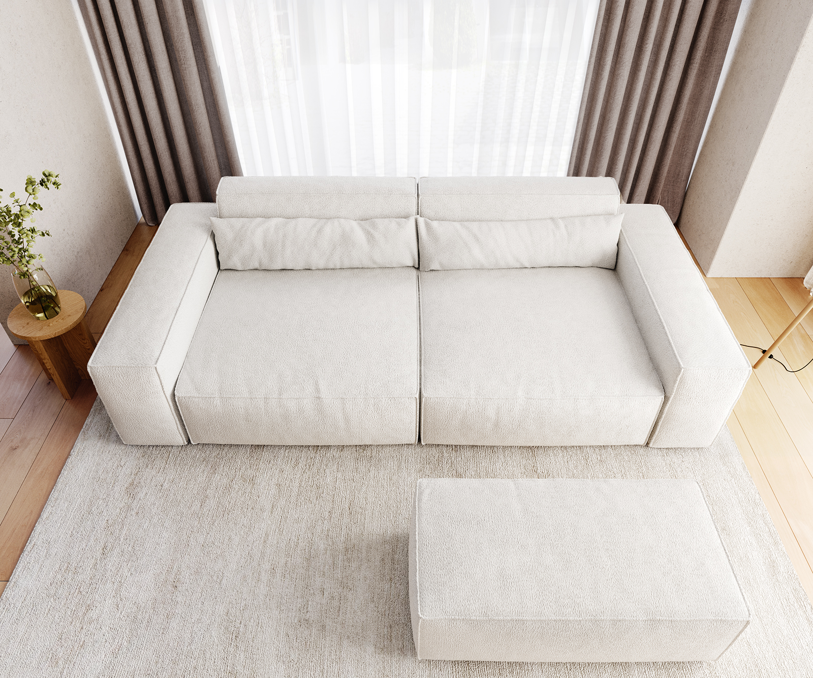 Velká pohovka Sirpio XL 270x125 cm bouclé smetanovo-bílá s taburetem - Image 6